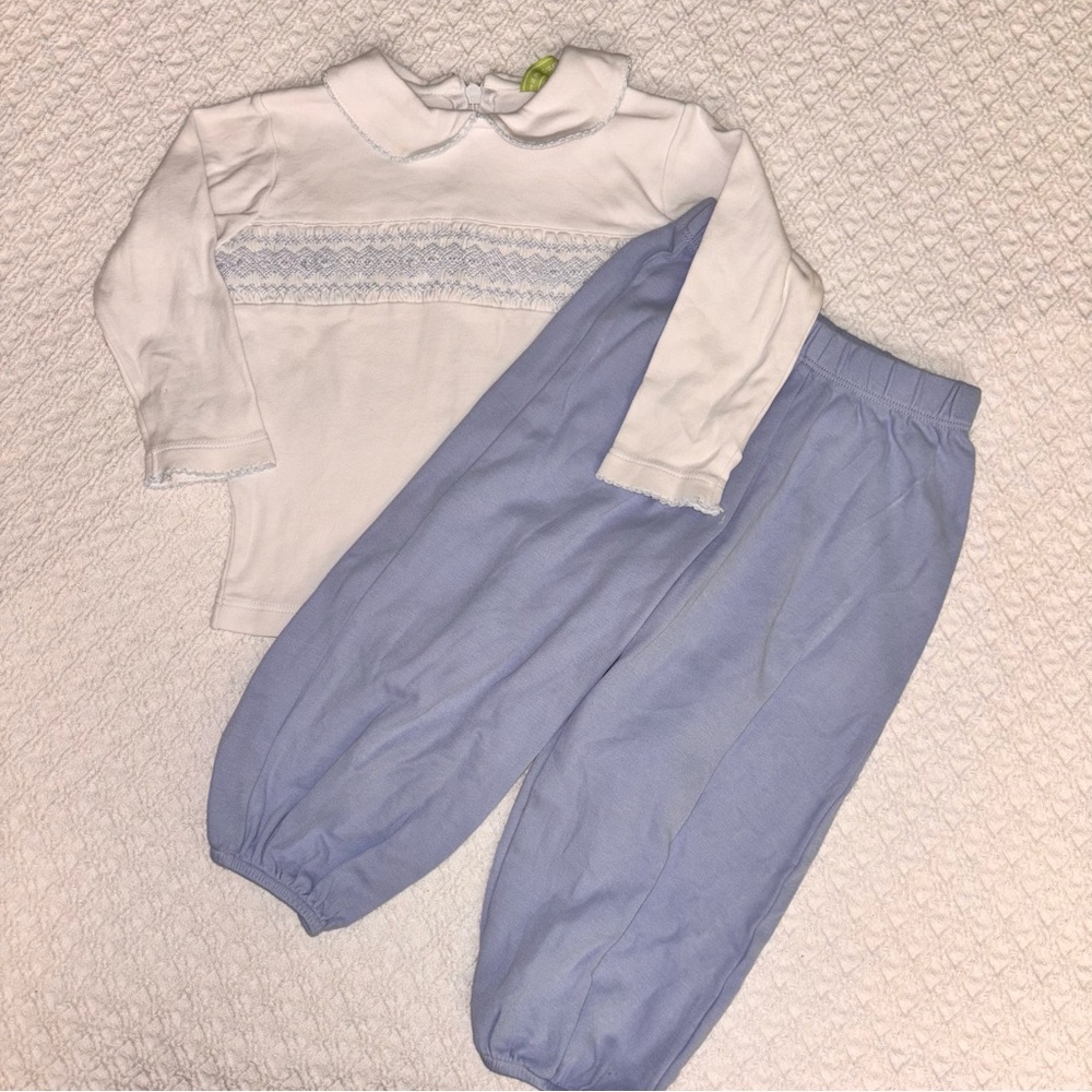 Lime Green 2t pastel blue and white Pima cotton smocked shirt and pantaloon set